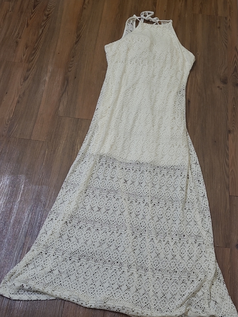 Bisou Bisou Cream Crochet Halter Maxi Dress